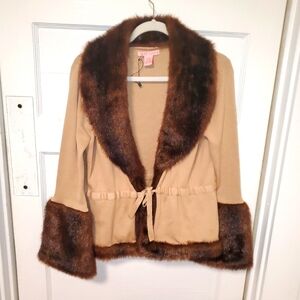 Tina Hagen silk faux fur collar and sleeve drawstring sweater xl NWOT